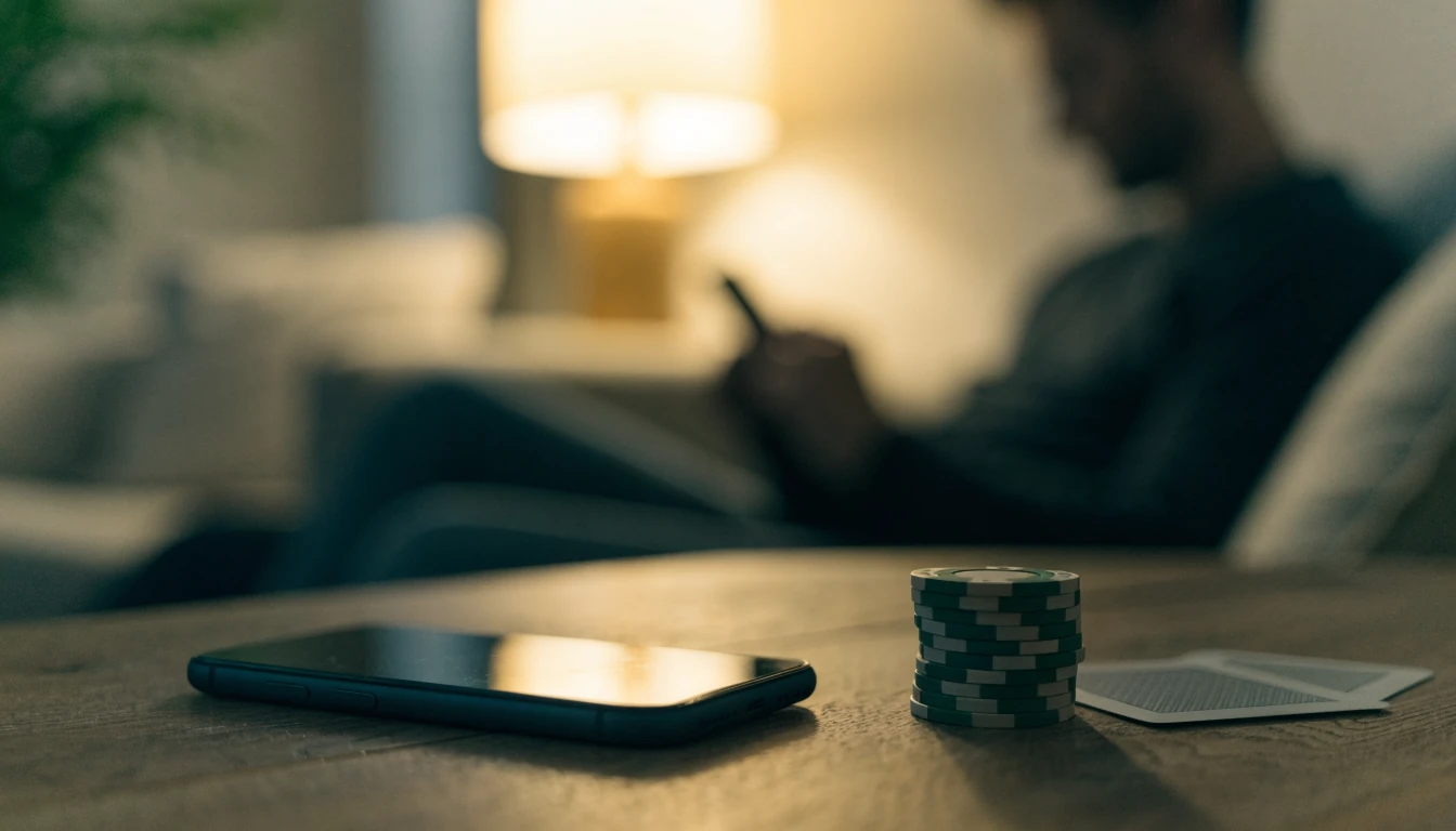 Telefon lícem dolů na stole s žetony a kartami v útulném obývacím pokoji