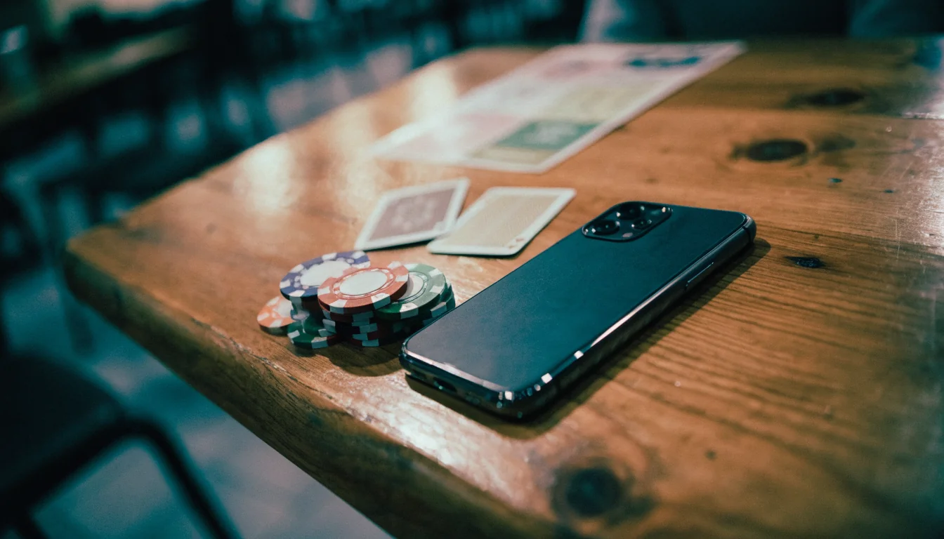 Telefon lícem dolů na stole s žetony a kartami v kavárně
