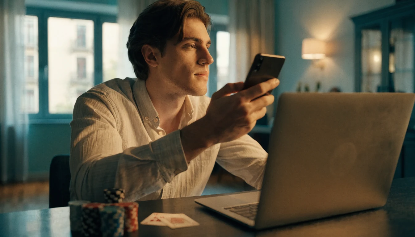 Muž u stolu se smartphonem, pokerovými žetony a kartami v útulném bytě
