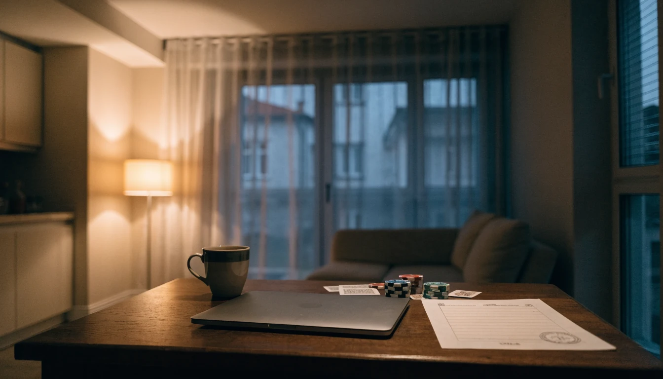 Uzavřený laptop s hracími žetony a dokumentem na stole v obývacím pokoji
