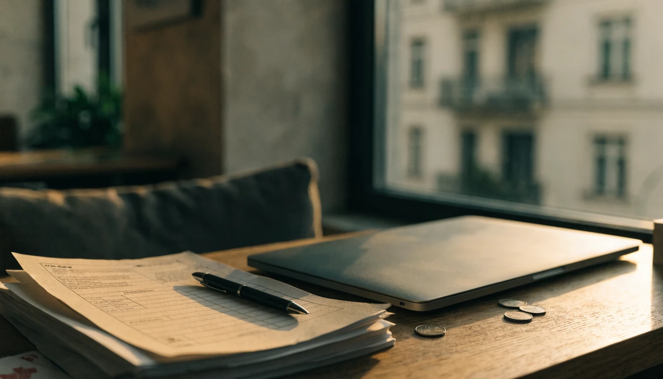 Zavřený notebook s dokumenty a mincemi na stole v klidné atmosféře