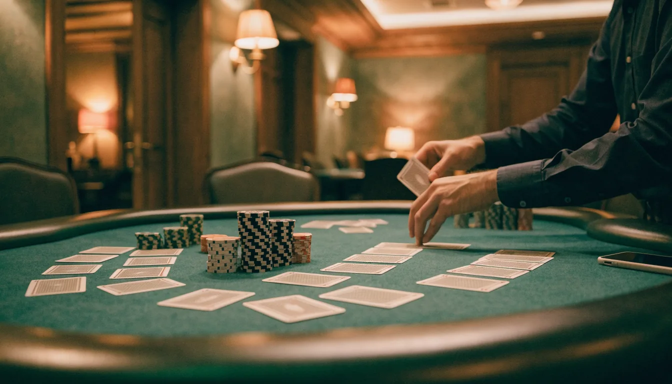 Živý blackjackový stůl s krupiérem, žetony a karty na zeleném suknu
