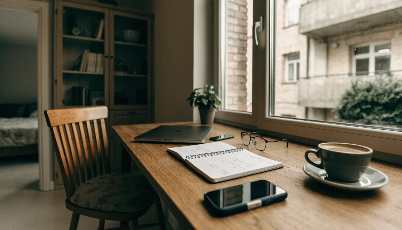 Pracovní stůl s notebookem, zápisníkem a brýlemi večerním světlem