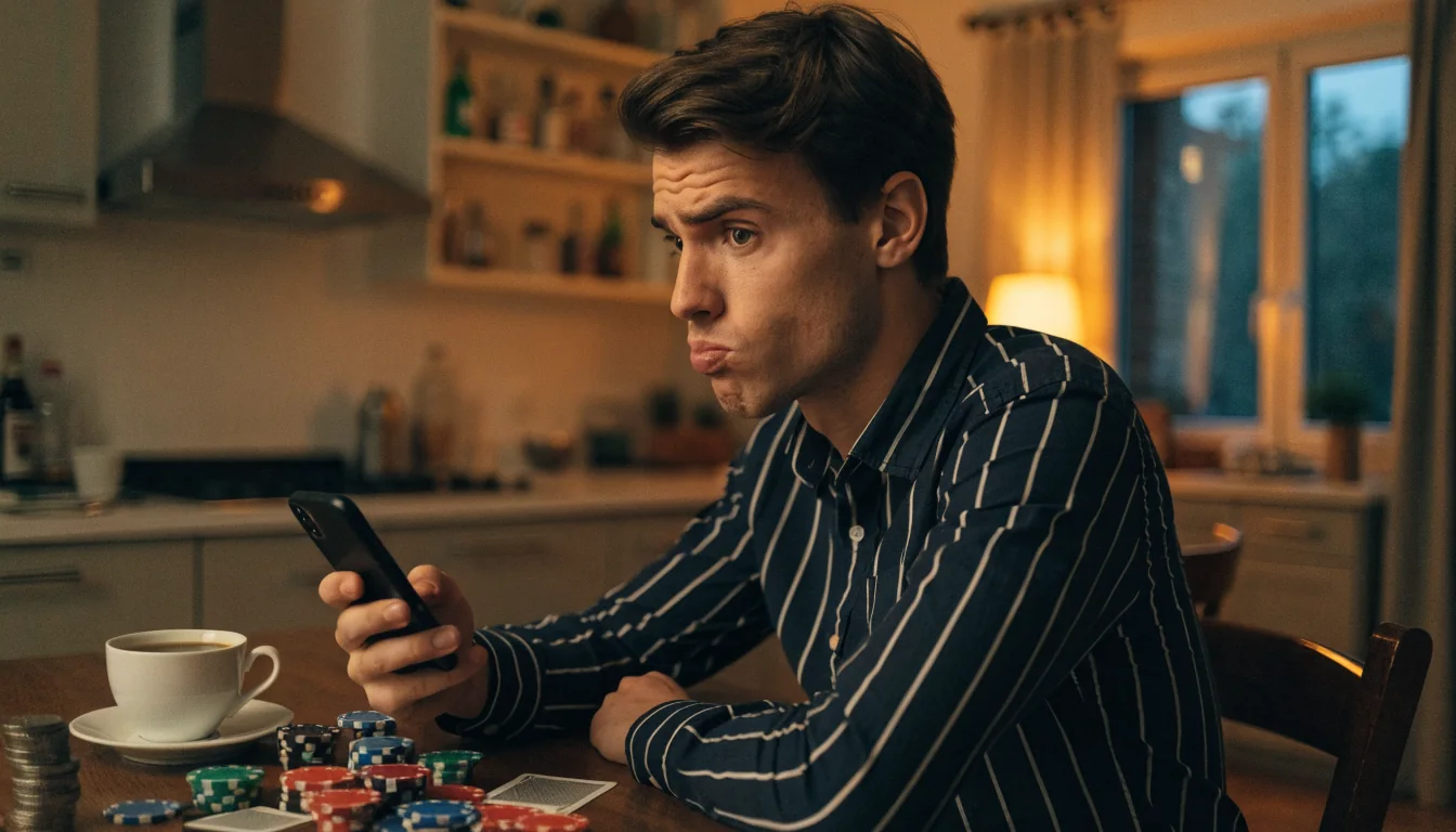 Muž u kuchyňského stolu s telefonem, žetony a karty na stole