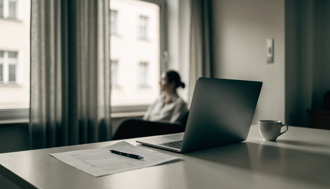 Klidná pracovní deska s notebookem, dokumenty a kávou v tlumeném světle