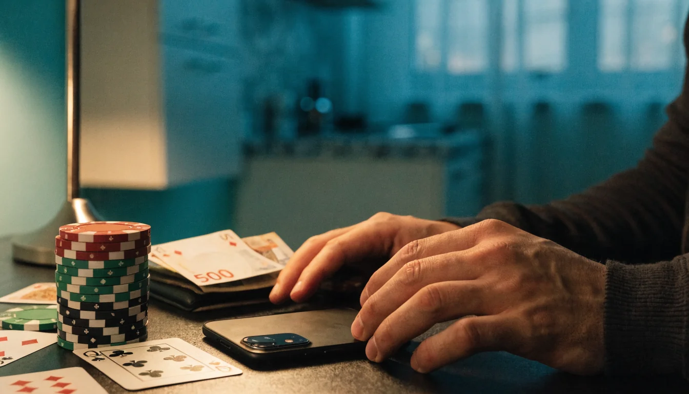 Ruce na stole s žetony, kartami a peněženkou vedle odloženého mobilu
