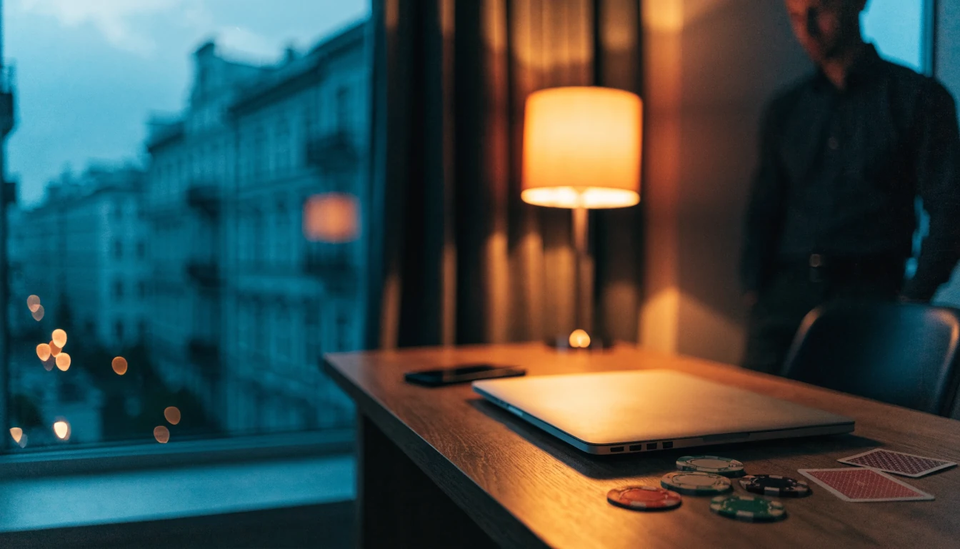 Uzavřený laptop s žetony a kartami na stole ve večerním světle