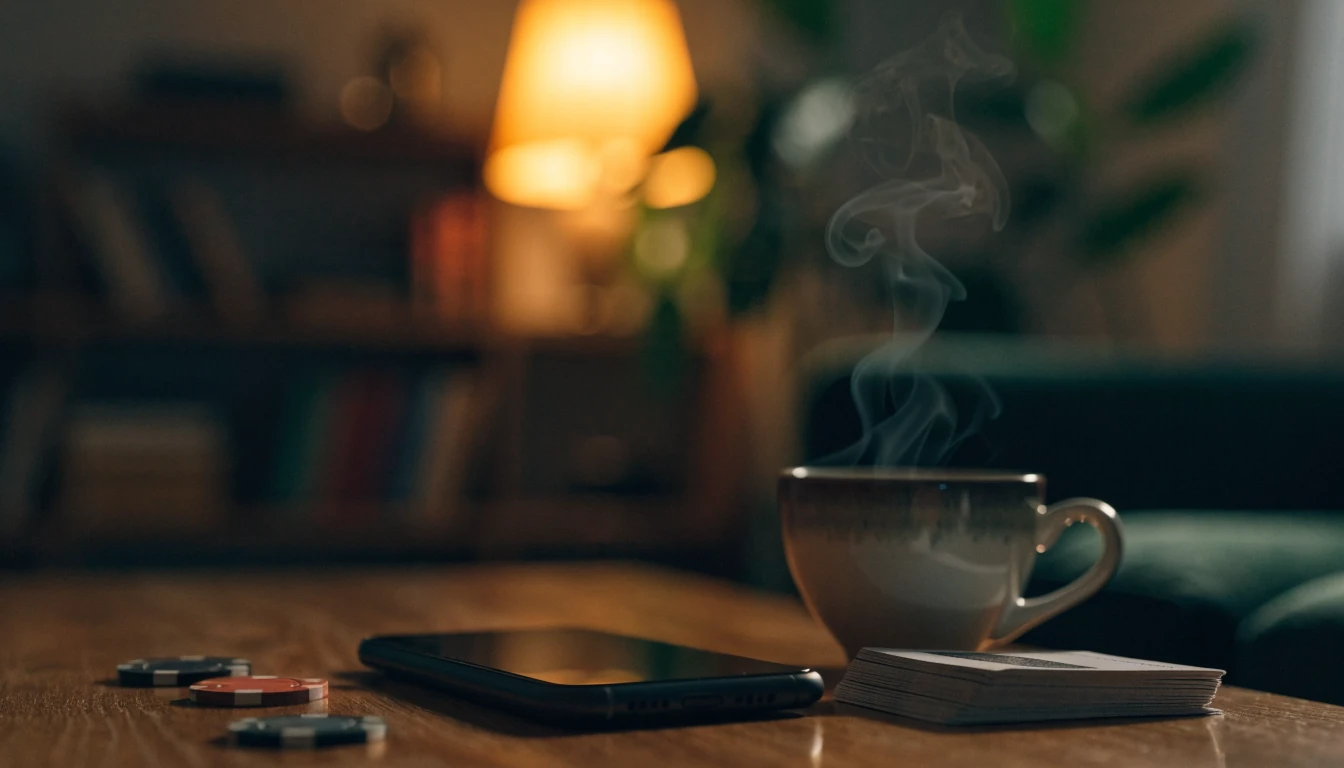 Telefon na stole vedle žetonů a karet v útulném obývacím pokoji