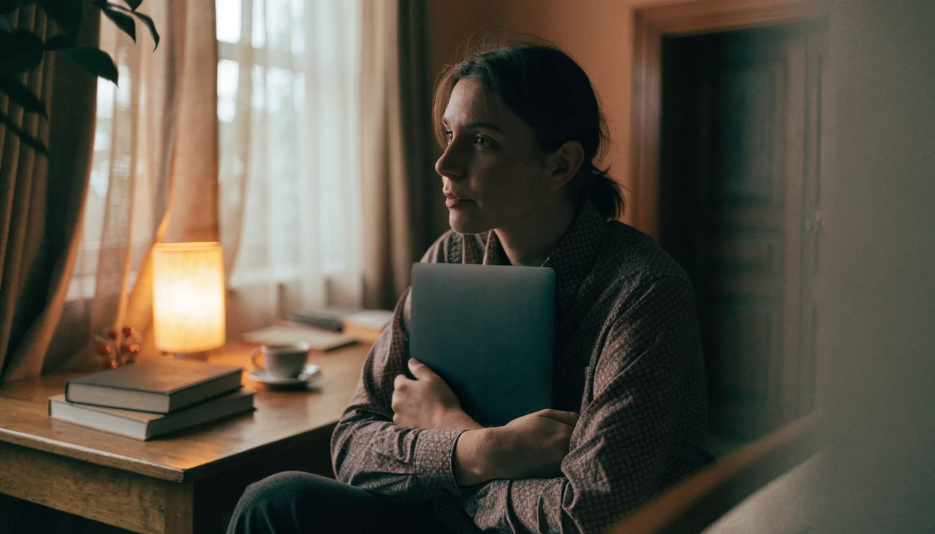 Člověk u psacího stolu s zavřeným notebookem v náručí v pokojném večerním světle